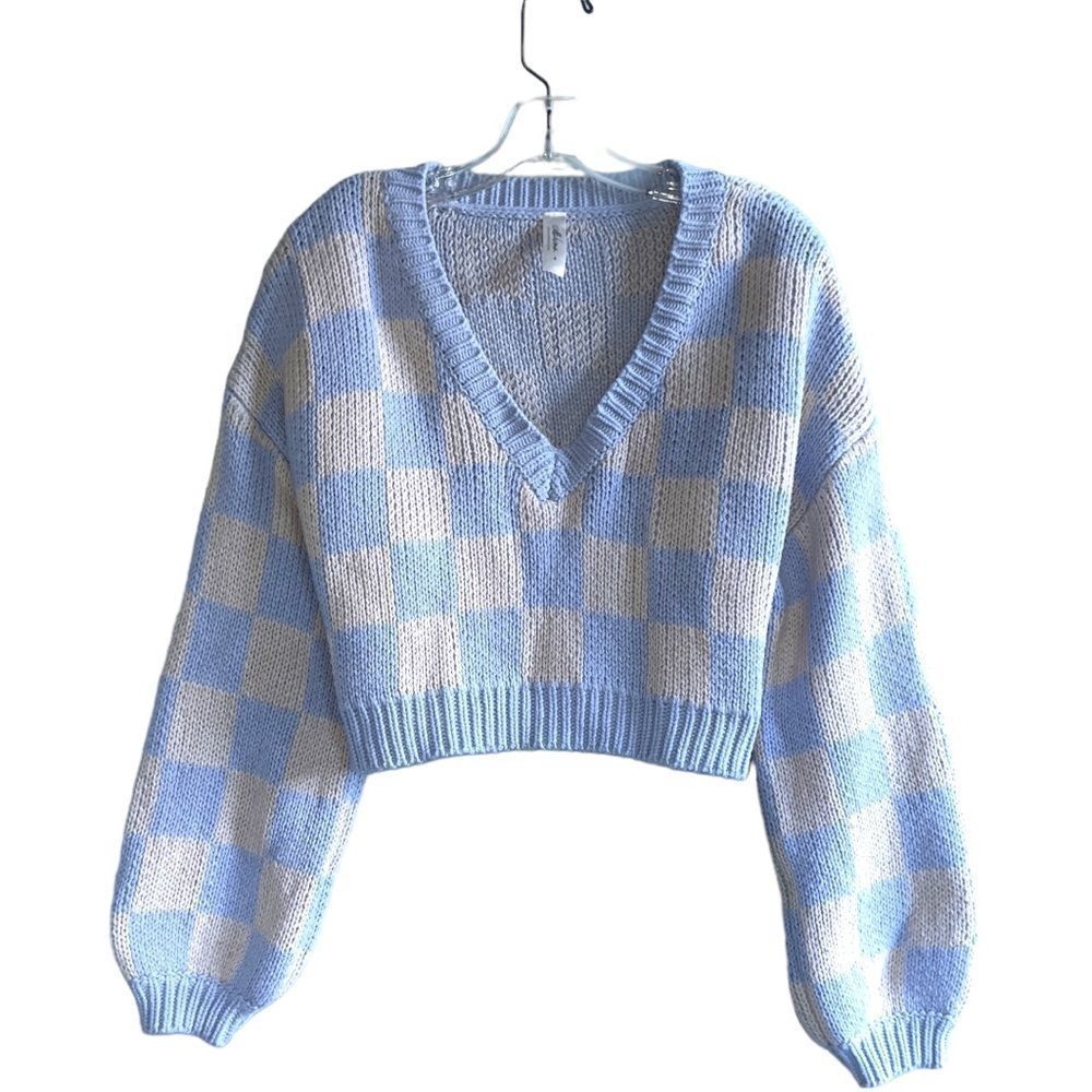 mahina Blue and Cream Checkered V-Neck Cropped Sweater